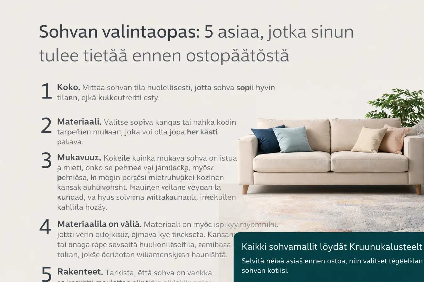 Sohvan valintaopas: 5 asiaa, jotka sinun tulee tietää ennen ostopäätöstä